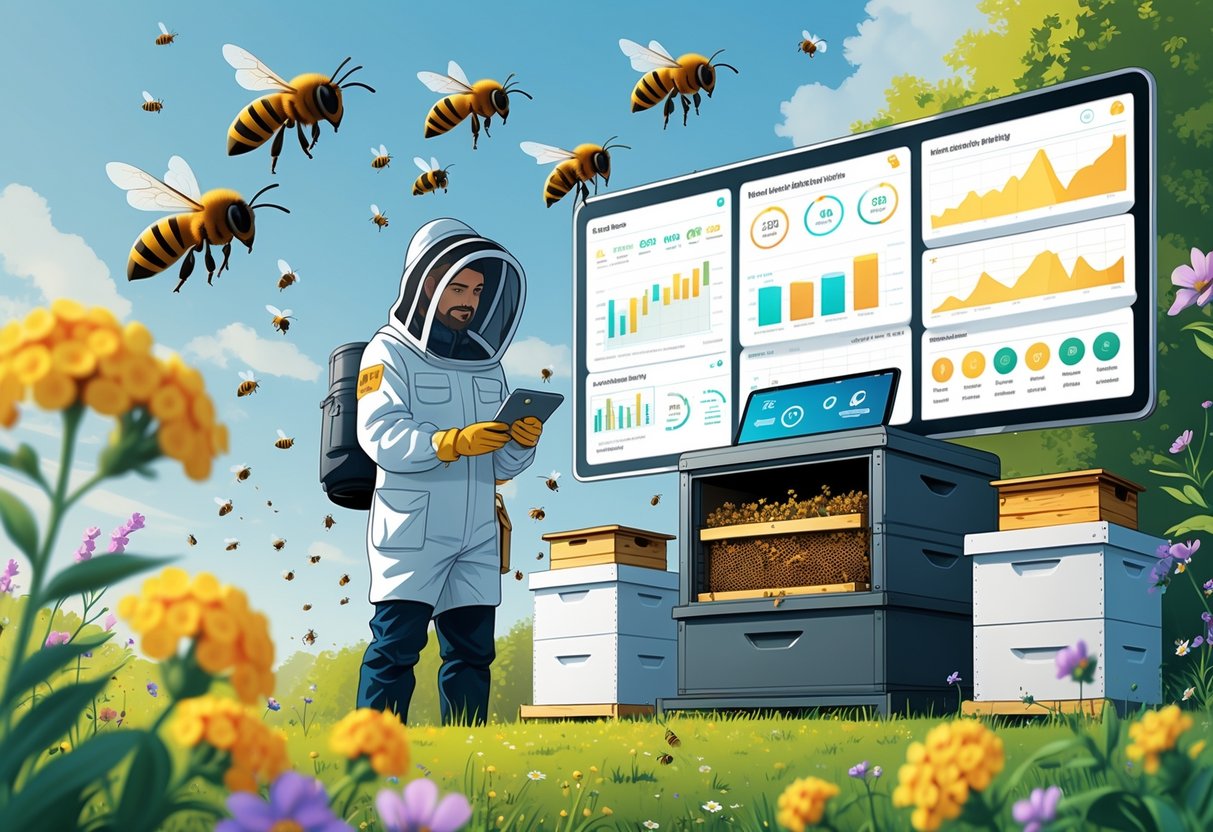 Seorang peternak lebah dengan alat pelindung sedang memantau sarang lebah berteknologi tinggi di luar ruangan dengan lebah terbang di sekitar bunga dan sarang.