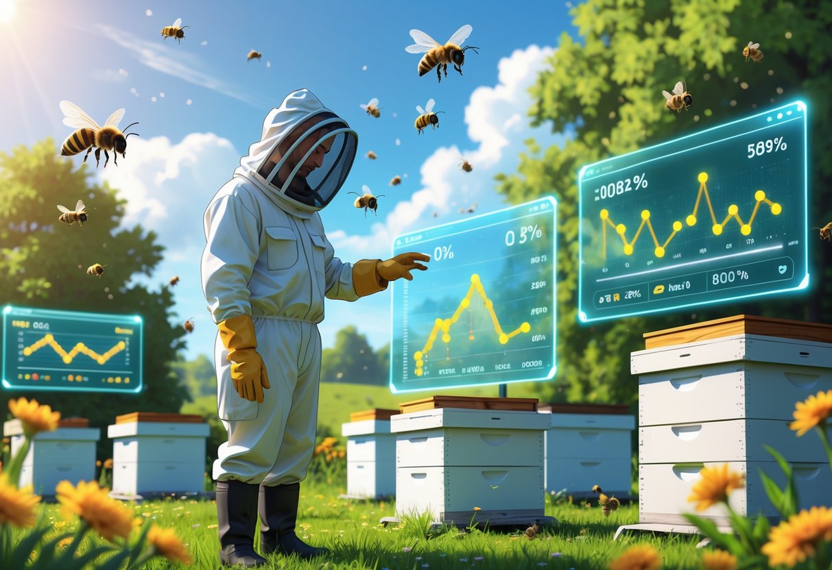 Seorang peternak lebah mengenakan perlindungan berdiri di depan sarang lebah dengan layar holografik menampilkan data aktivitas lebah di apiari yang hijau.