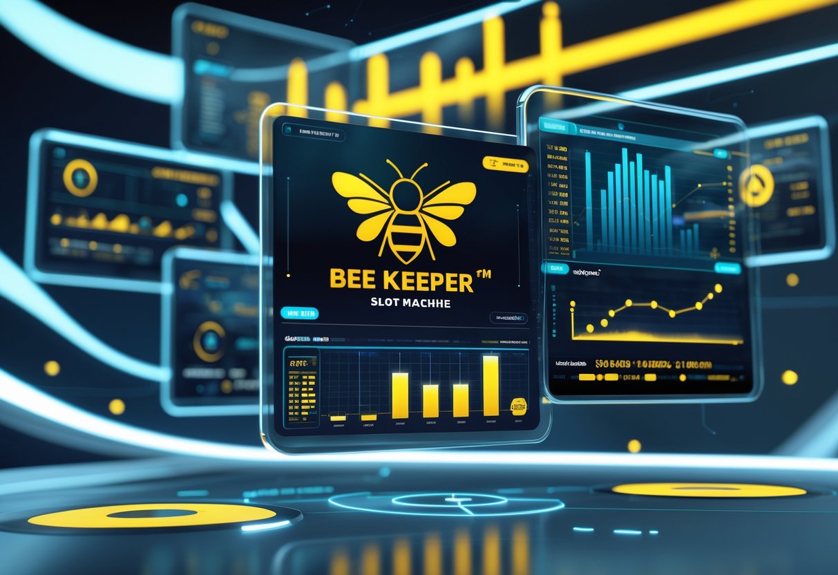 Tampilan dashboard digital dengan layar holografik yang menampilkan grafik dan data pola permainan slot Bee Keeper, dengan simbol lebah di tengah dan latar belakang modern berwarna biru dan kuning.