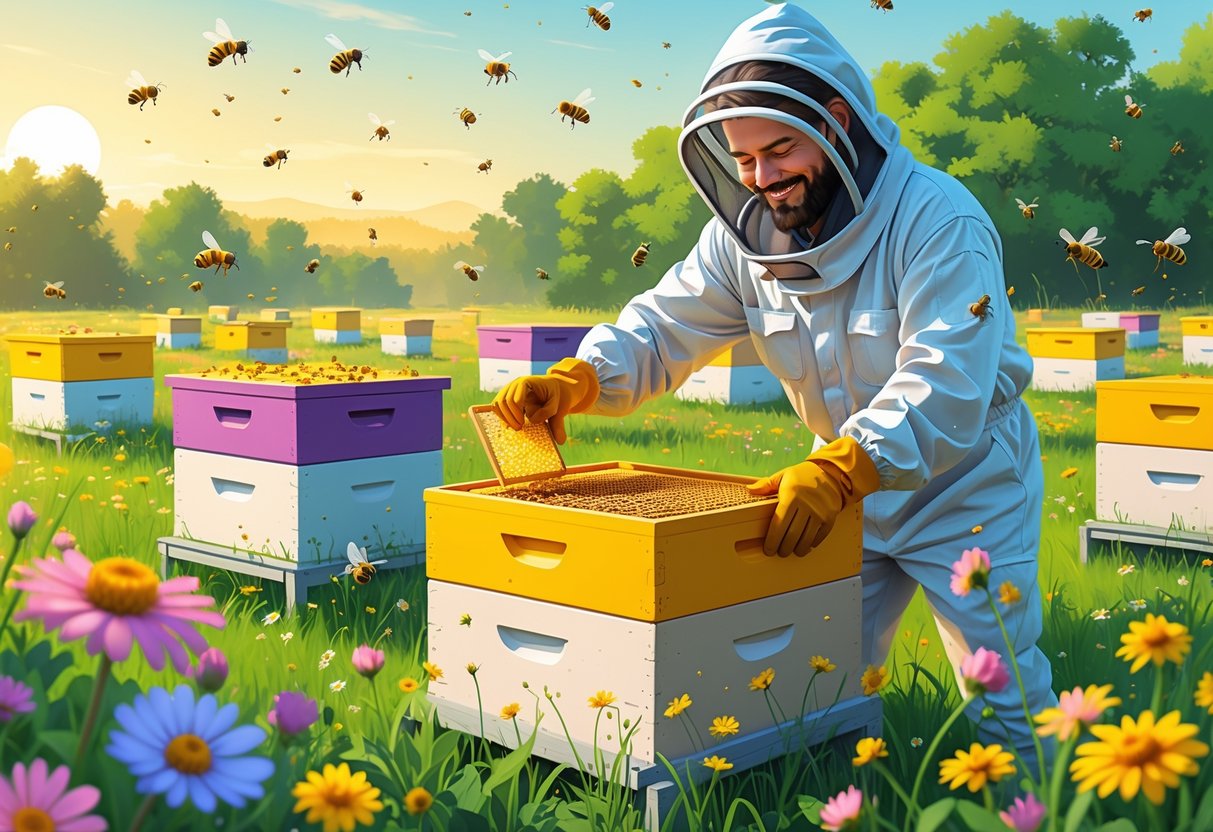 Seorang peternak lebah sedang memeriksa sarang lebah di ladang bunga yang penuh lebah dan sinar matahari pagi.