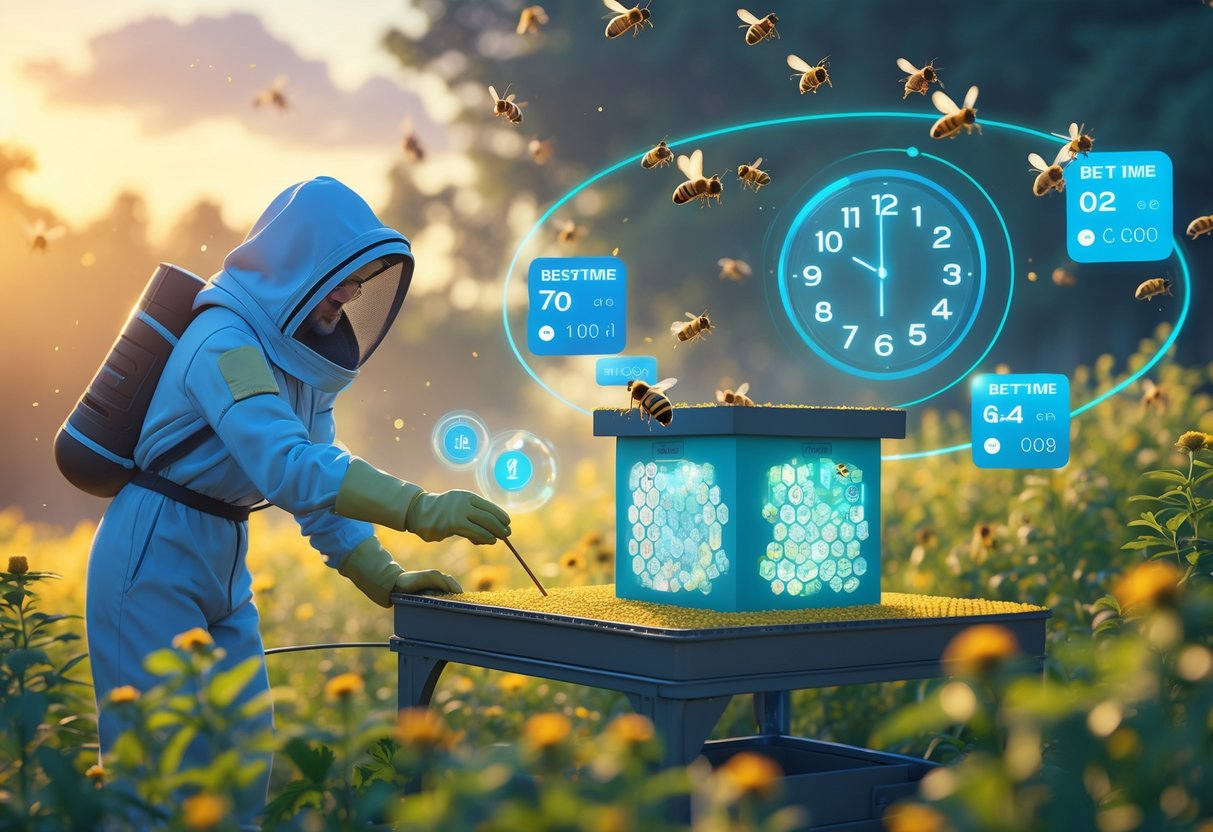 Seorang peternak lebah futuristik mengamati sarang lebah digital dengan jam dan kalender holografik di sekitarnya, menunjukkan waktu terbaik untuk bermain di tahun 2025.