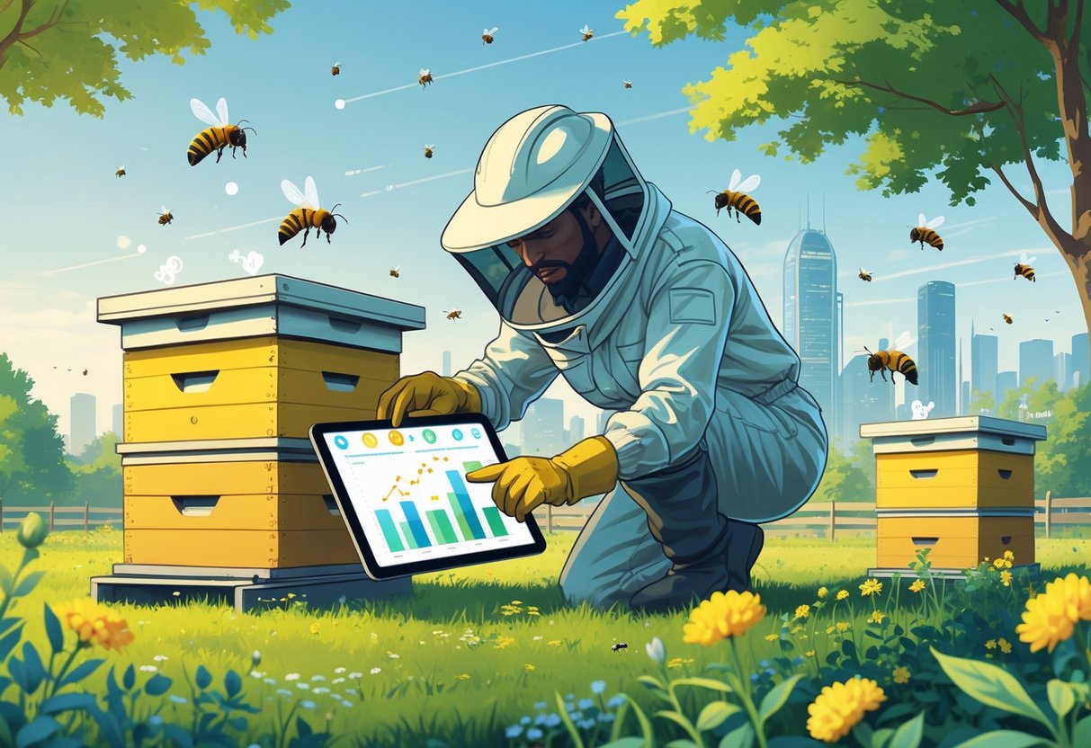 Seorang peternak lebah menggunakan alat canggih memeriksa waktu terbaik aktivitas lebah di sebuah kebun dengan sarang lebah dan bunga yang mekar.