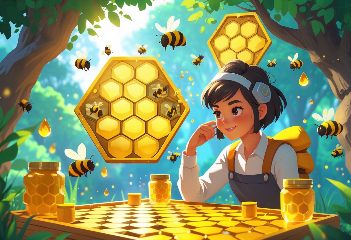 Seorang pemain fokus merencanakan strategi di depan sarang lebah dengan pola sarang madu dan elemen permainan seperti toples madu dan lebah yang bergerak.