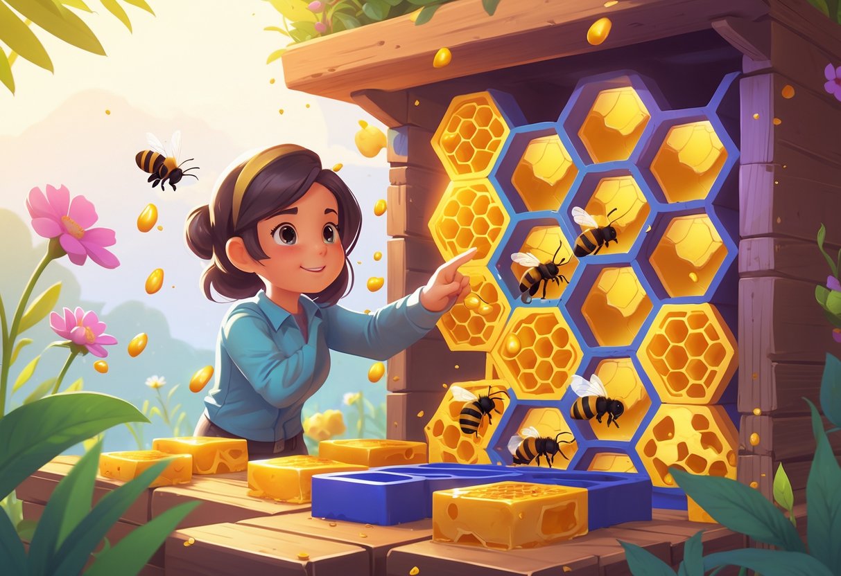 Seorang pemain sedang fokus menganalisis sarang lebah berisi sel madu dan lebah yang aktif di lingkungan alami.