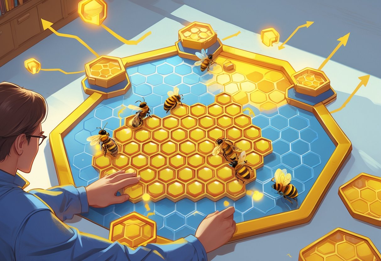 Seorang pemain fokus menganalisis papan permainan berbentuk sarang lebah dengan lebah dan sel madu berwarna-warni, dikelilingi oleh simbol strategi dan peluang menang.