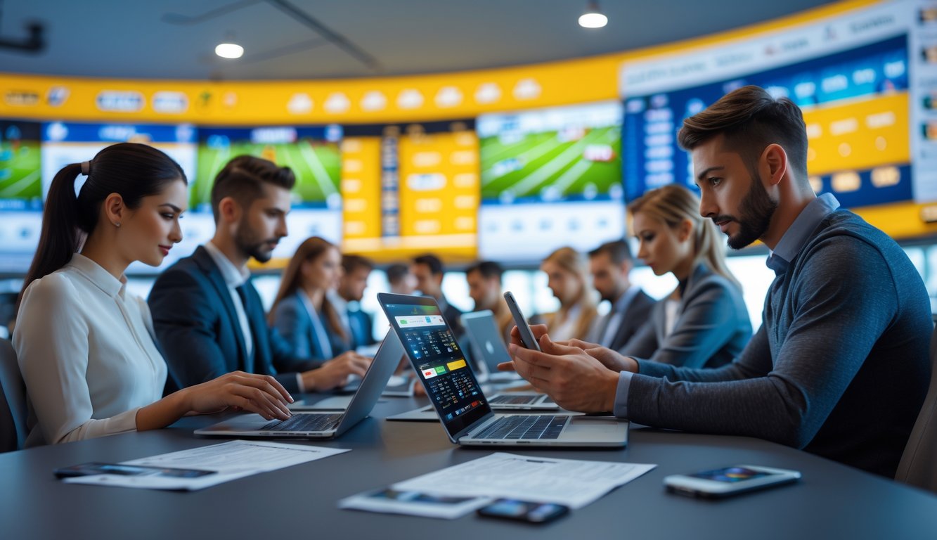 Sekelompok orang menggunakan perangkat digital untuk memasang taruhan olahraga dengan latar belakang layar besar menampilkan berbagai pertandingan olahraga.