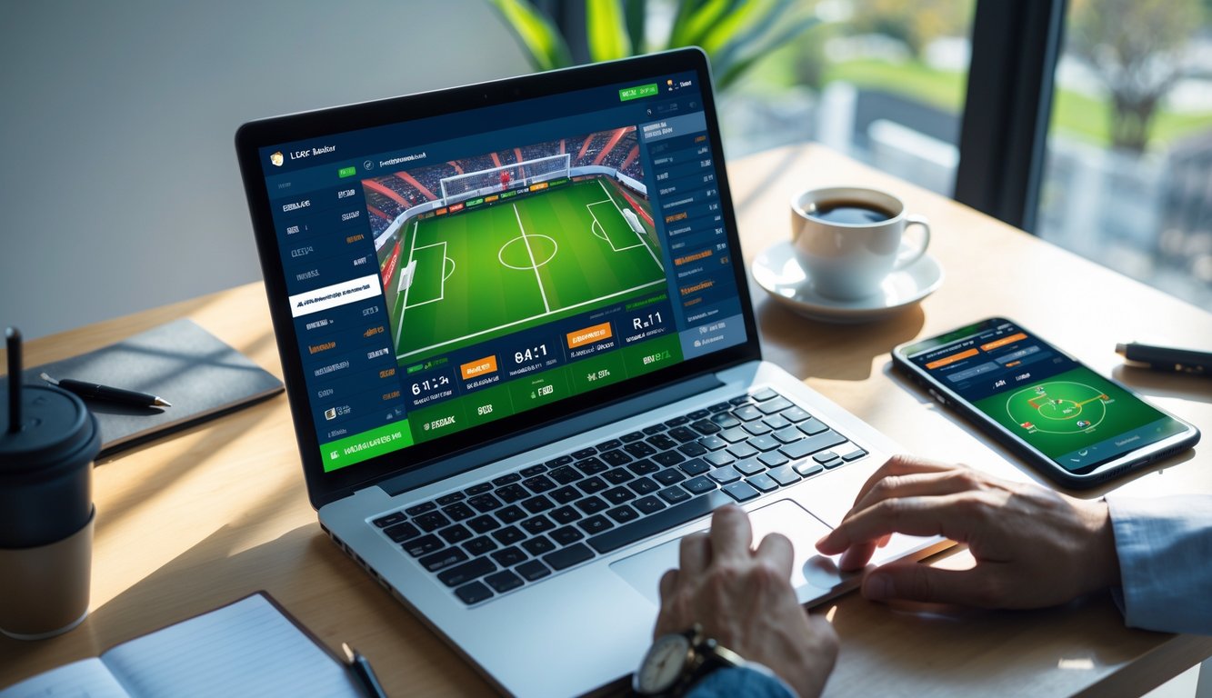 Seorang pengguna duduk di depan laptop dan perangkat digital lainnya yang menampilkan pertandingan sepak bola dan opsi taruhan dalam suasana ruang kerja yang terang dan nyaman.