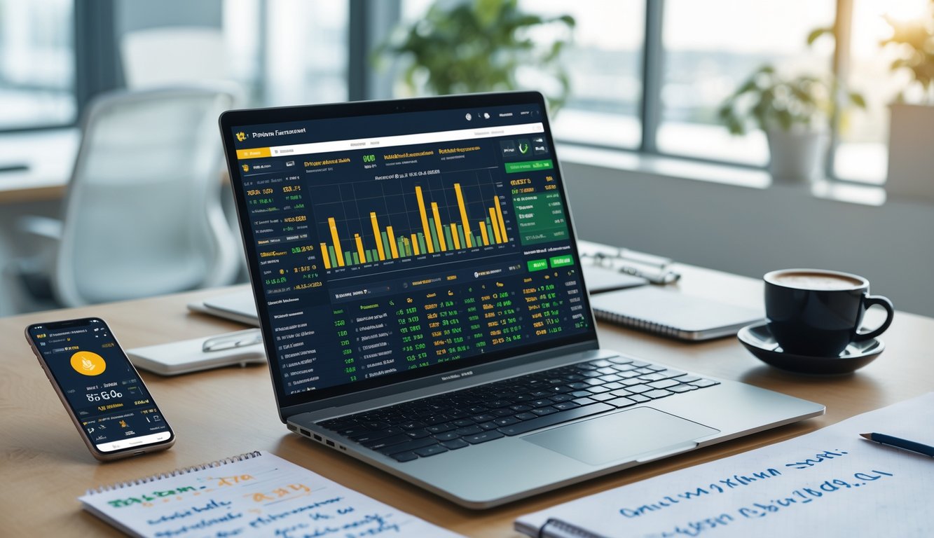 Meja kerja dengan laptop yang menampilkan statistik olahraga dan peluang taruhan, ponsel dengan skor pertandingan langsung, buku catatan dengan catatan, dan secangkir kopi di ruang kantor yang terang.