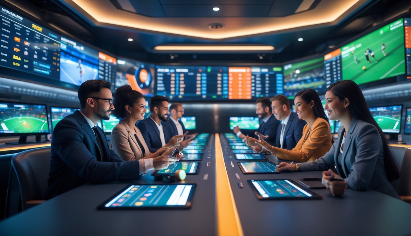 Orang-orang dari berbagai latar belakang sedang menggunakan layar digital dan perangkat untuk bertaruh pada pertandingan olahraga dalam ruang taruhan modern.
