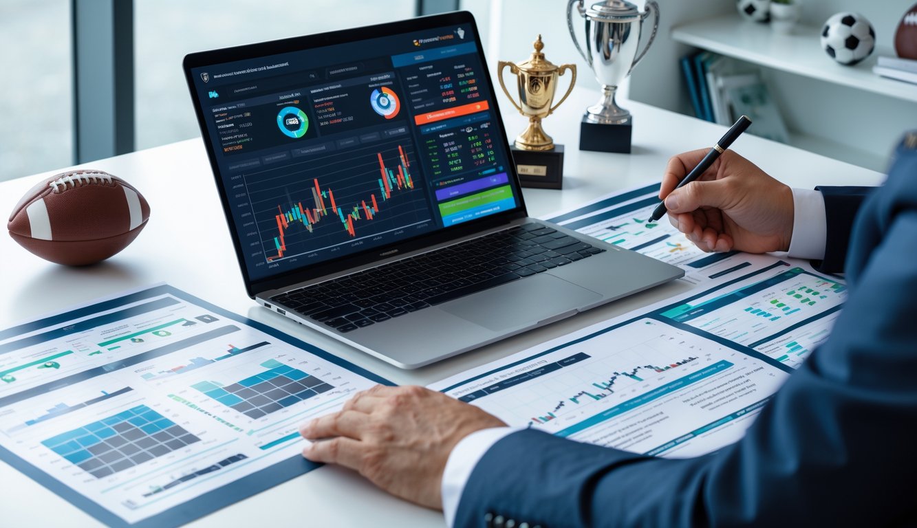Meja kerja dengan laptop yang menampilkan statistik sepak bola dan tangan seseorang menunjuk grafik analisis pertandingan.