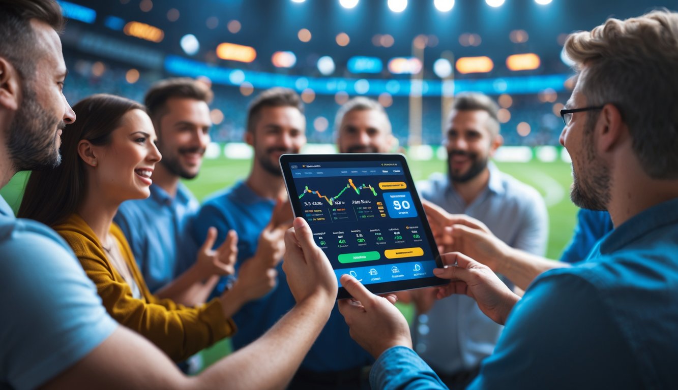 Sekelompok orang menggunakan perangkat digital untuk melihat aplikasi taruhan olahraga dengan latar belakang elemen olahraga populer dan suasana stadion.