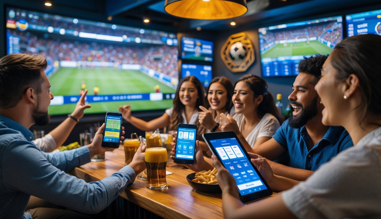 Orang-orang di sebuah bar olahraga menonton pertandingan sepak bola dan memasang taruhan menggunakan ponsel.