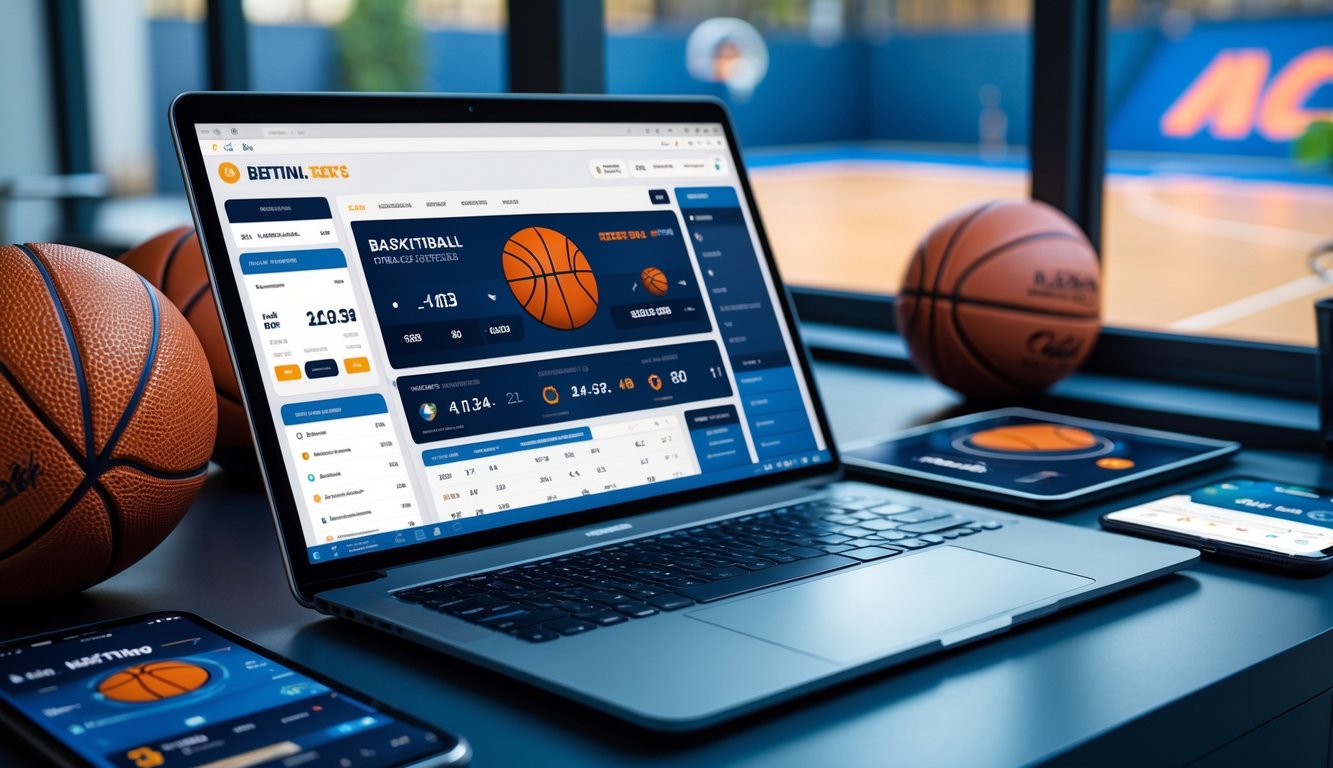 Seorang pria menggunakan laptop di meja dengan bola basket dan perangkat digital di sekitarnya, menunjukkan aktivitas taruhan basket online.
