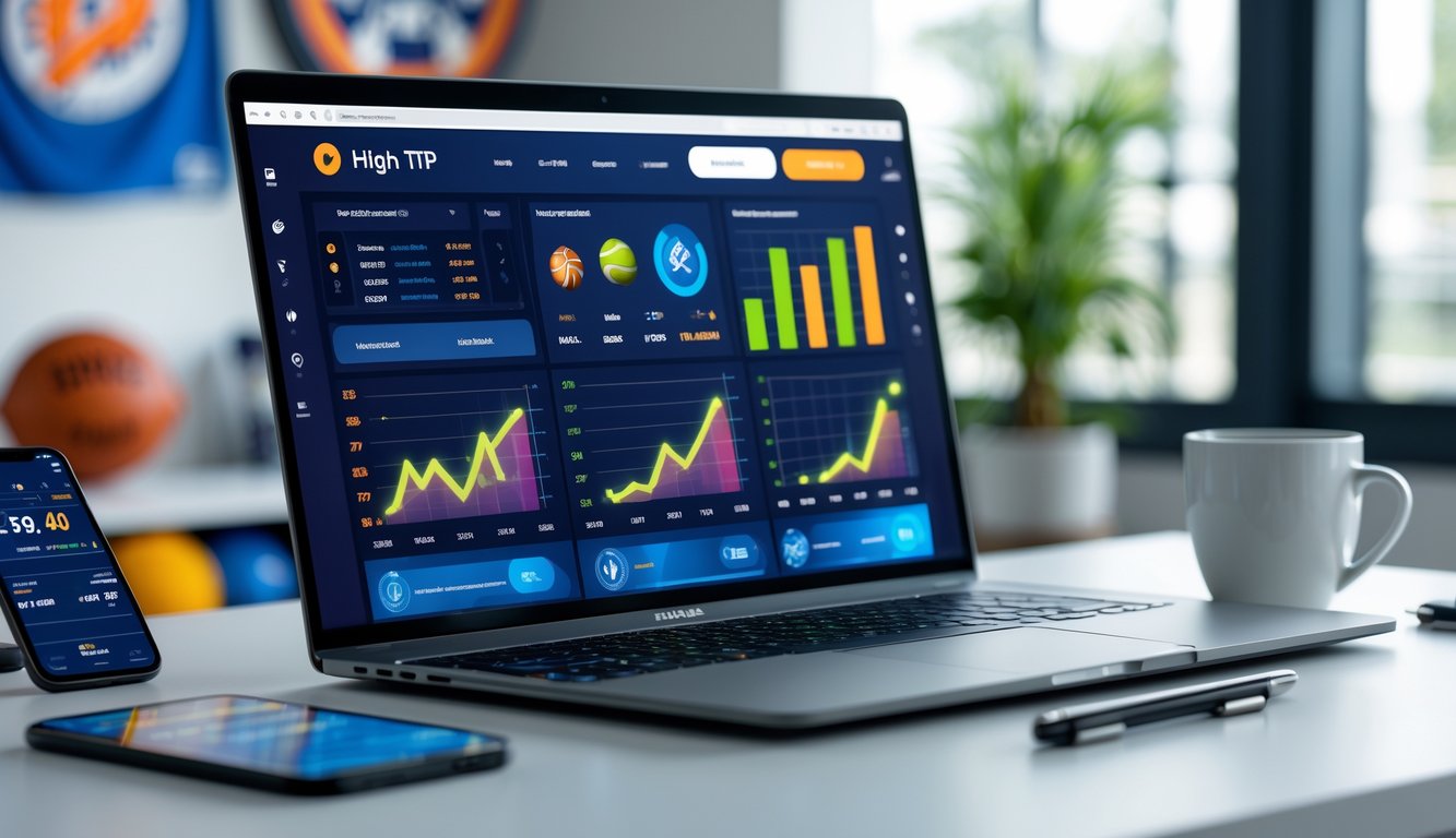Seorang pengguna duduk di depan laptop yang menampilkan situs taruhan olahraga dengan grafik dan statistik RTP tinggi, di meja terdapat ponsel, cangkir kopi, dan buku catatan dalam ruangan kantor yang terang.