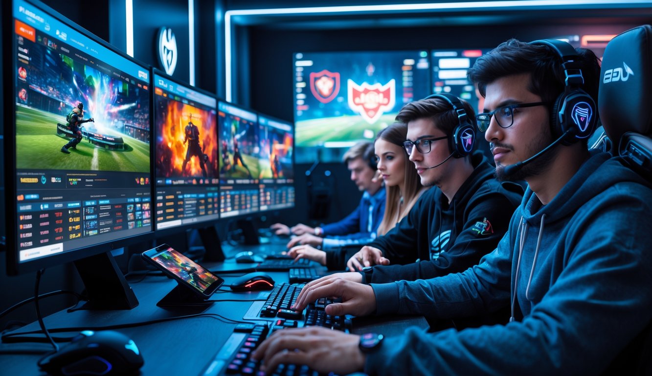 Sekelompok orang muda sedang fokus bermain dan bertaruh pada pertandingan esports di sebuah ruangan modern dengan komputer dan peralatan gaming.