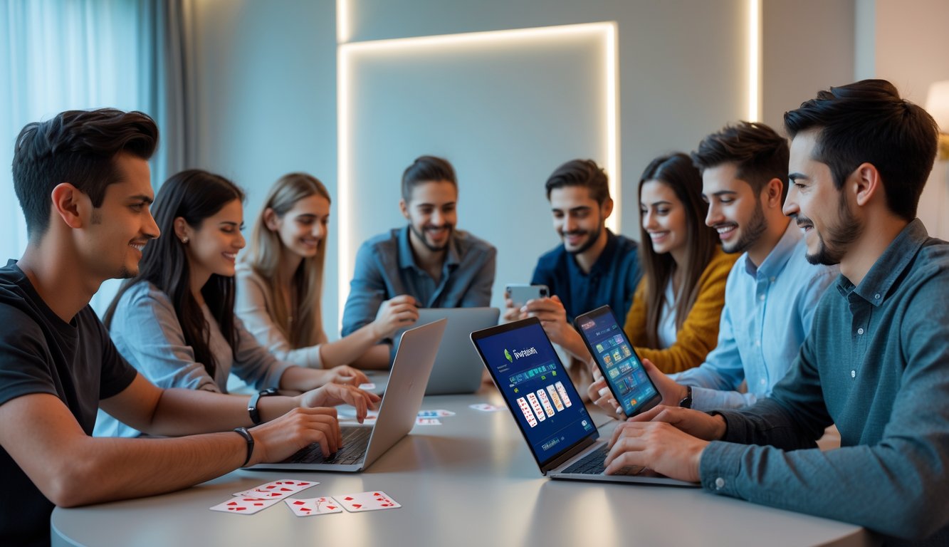 Sekelompok orang muda bermain permainan kartu online bersama di ruang modern yang terang dan nyaman.