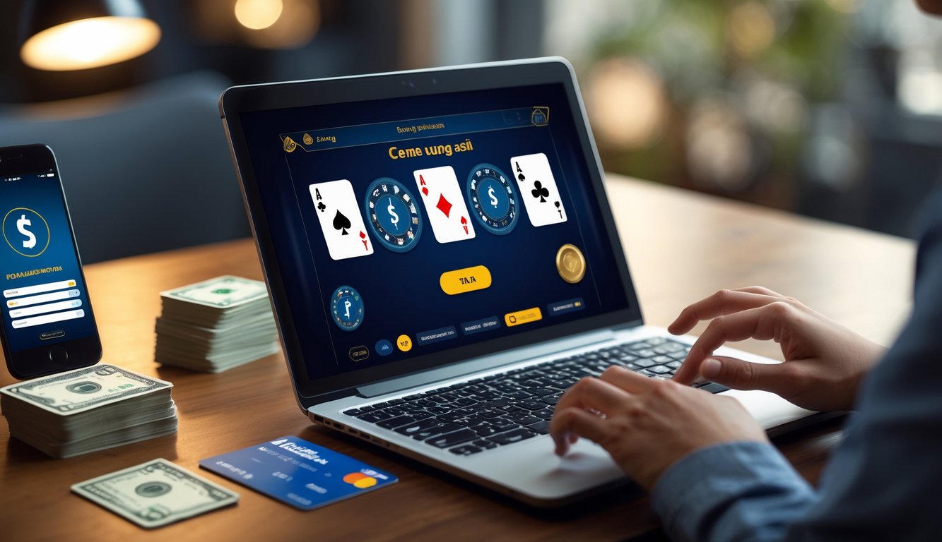 Seorang pengguna bermain permainan kartu online di laptop dengan uang tunai dan ponsel di meja.