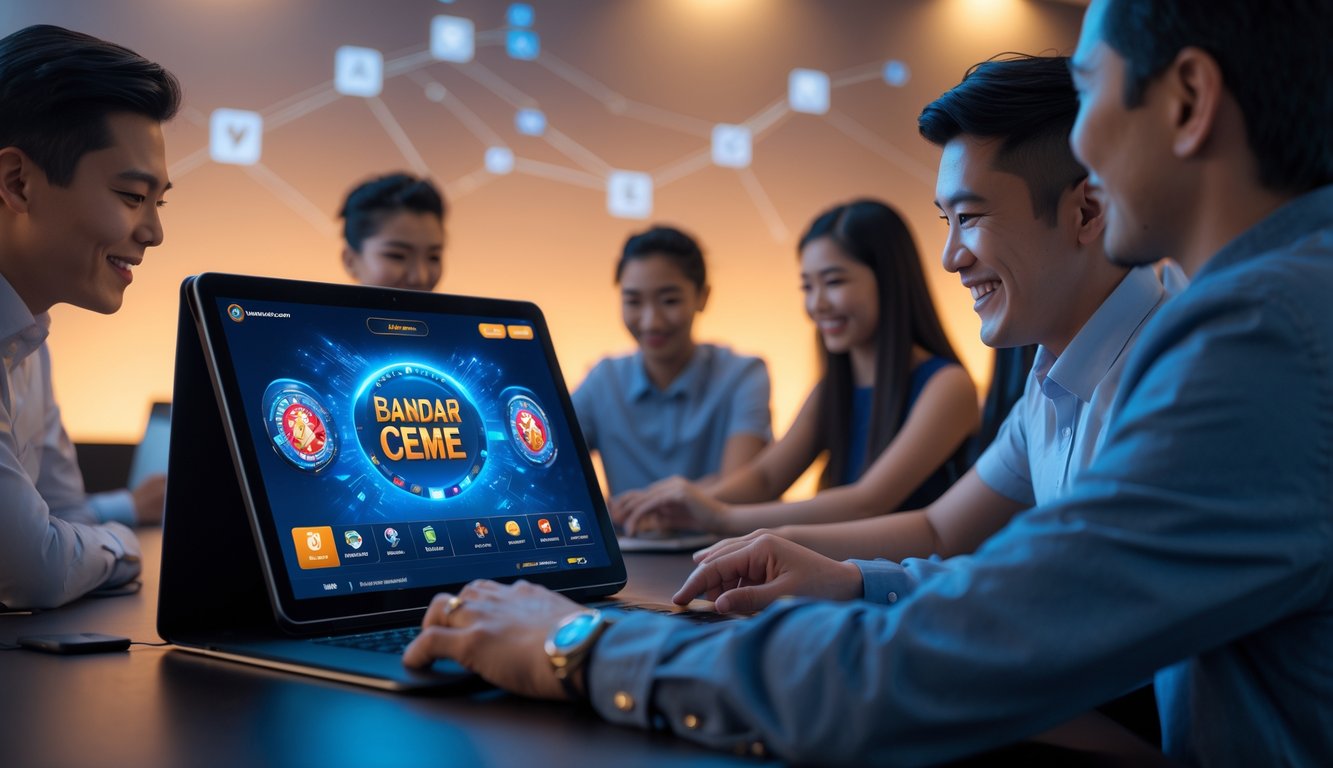 Orang-orang bermain permainan kartu Bandar Ceme secara online di sebuah ruangan modern dengan perangkat digital.