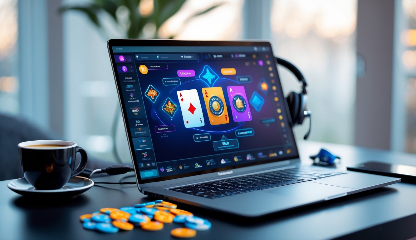 Sebuah meja kerja dengan komputer yang menampilkan permainan kartu digital dan beberapa aksesori teknologi di sekitarnya.