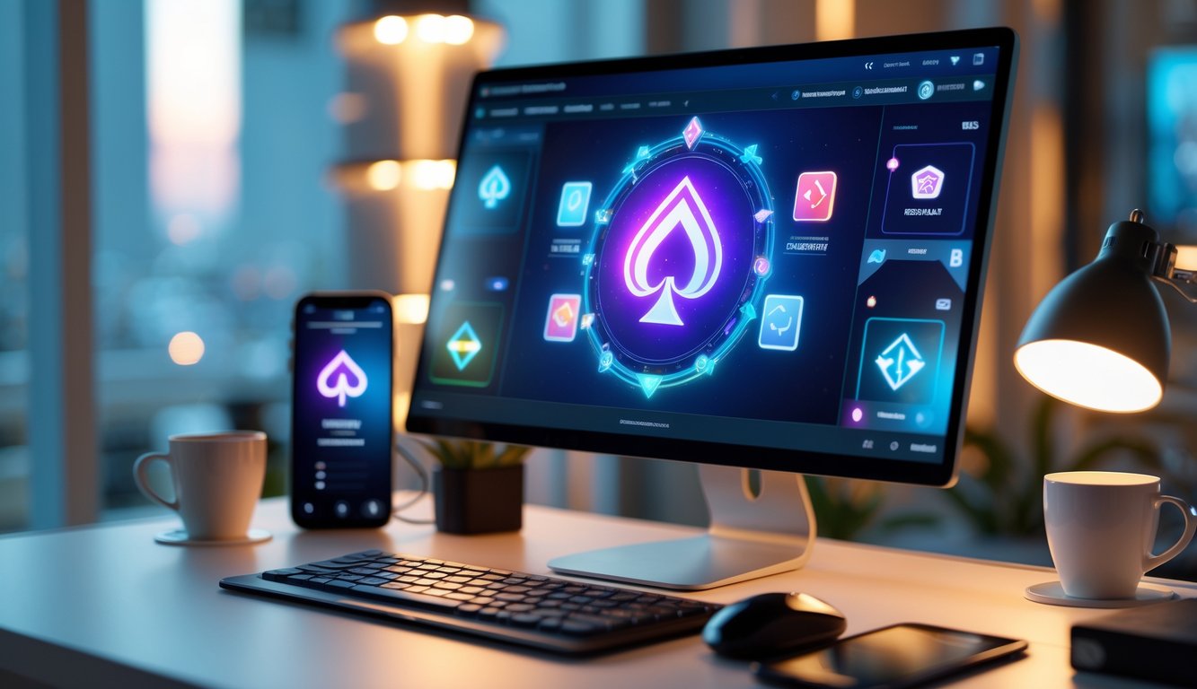 Meja kerja modern dengan komputer menampilkan permainan kartu virtual dan perangkat teknologi di sekitarnya.