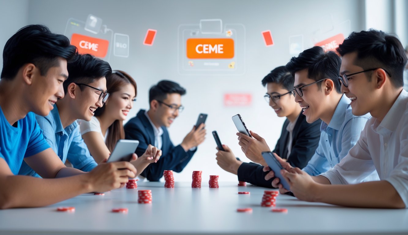 Sekelompok orang muda sedang bermain permainan kartu Ceme secara online menggunakan perangkat digital di lingkungan modern.