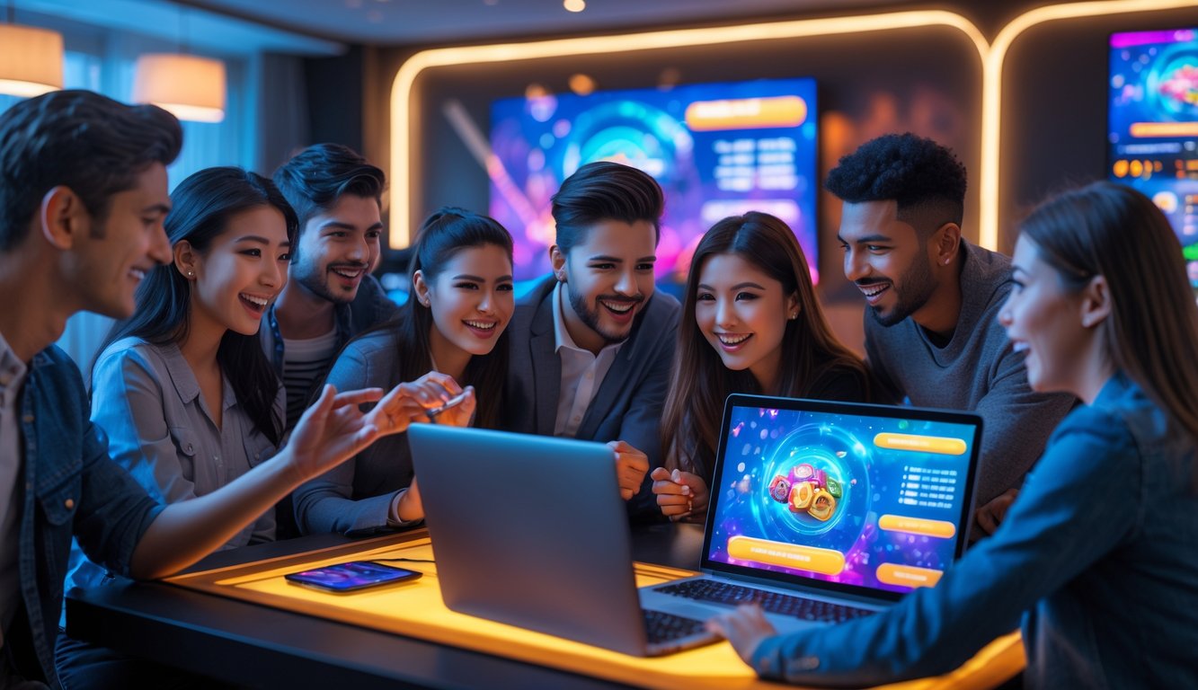 Sekelompok orang muda sedang menggunakan laptop dan ponsel untuk bermain game online di ruangan modern yang terang.