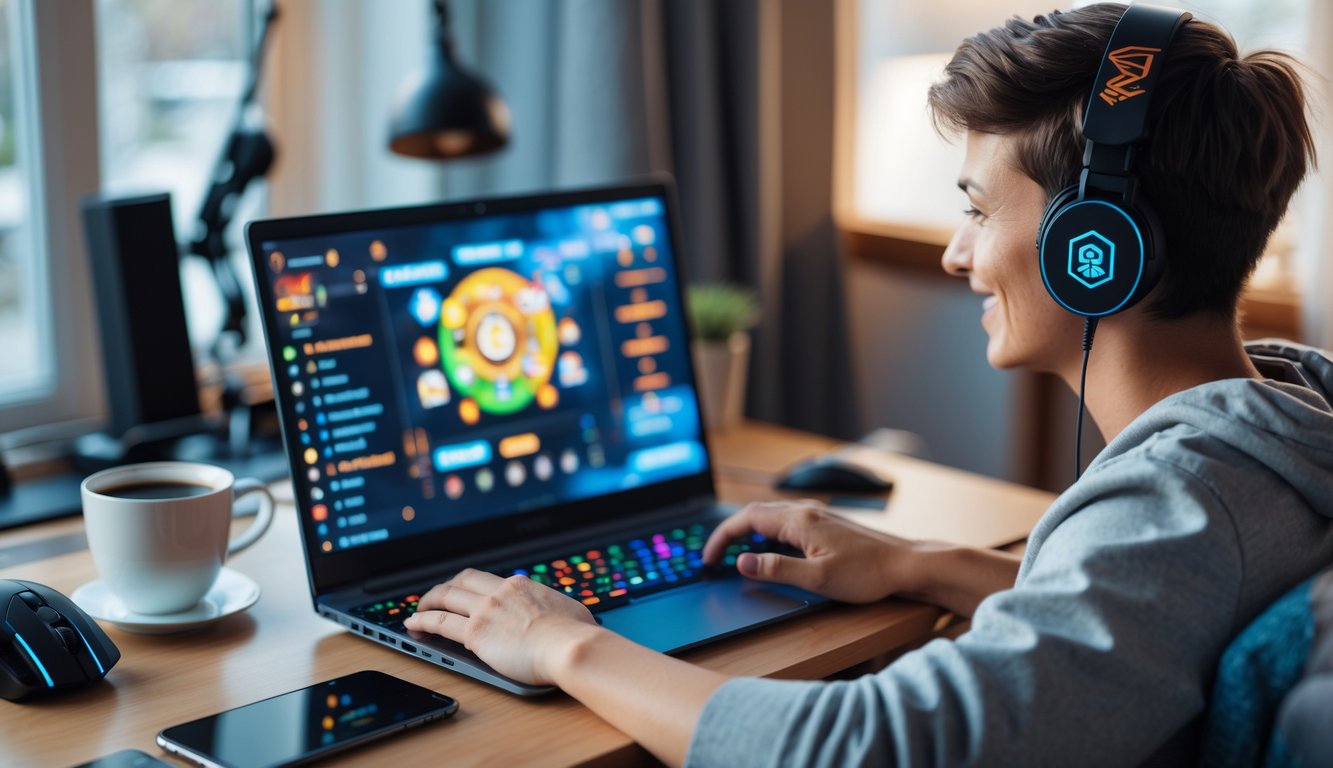 Seseorang bermain game online di laptop di ruang kerja yang nyaman, terlihat fokus dan percaya diri.