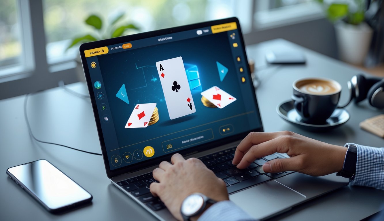 Seseorang bermain permainan kartu online di depan komputer di ruang kerja yang rapi dan terang.