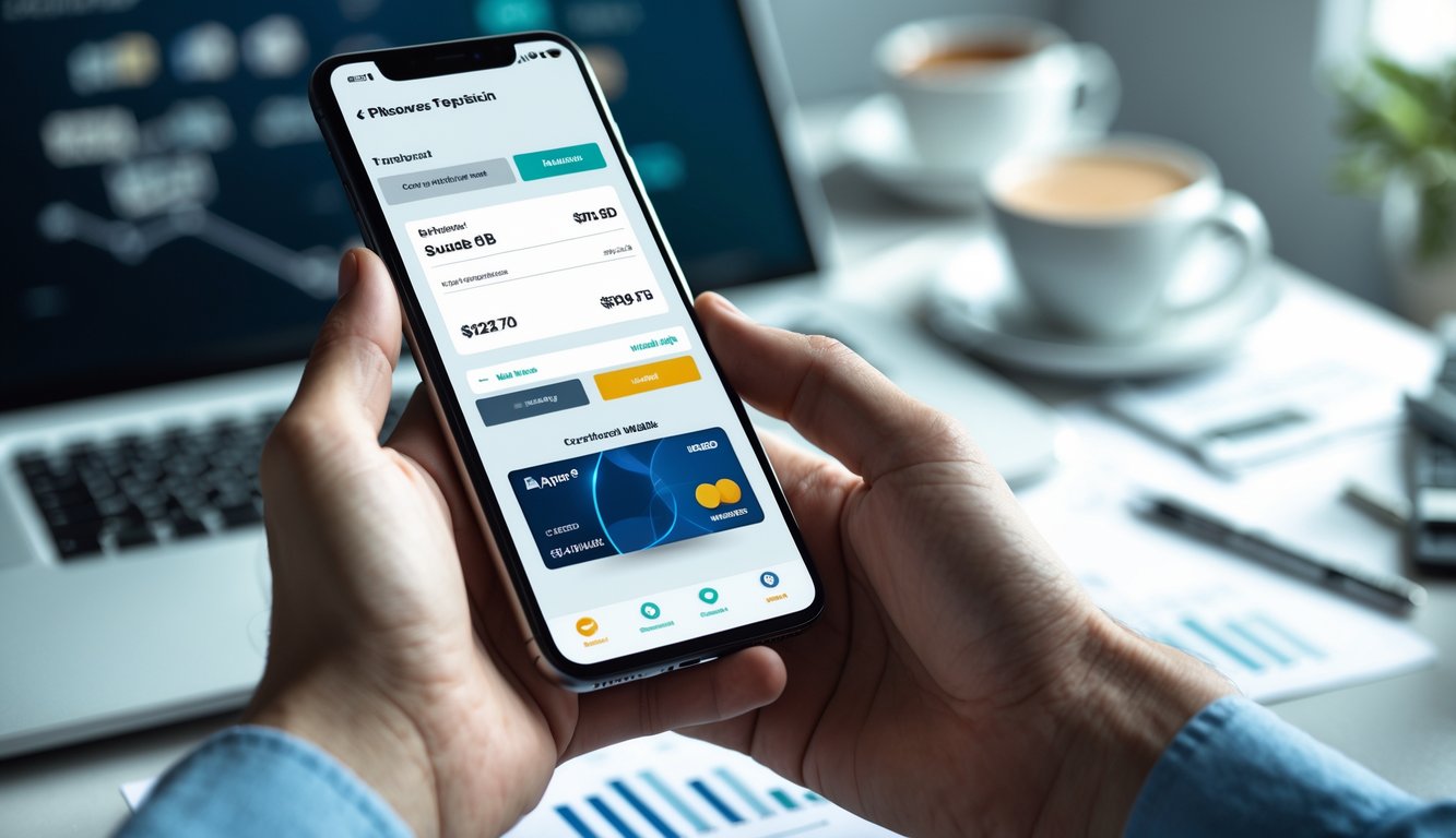 Tangan seseorang memegang ponsel yang menampilkan aplikasi dompet digital dengan latar belakang meja kerja yang rapi.