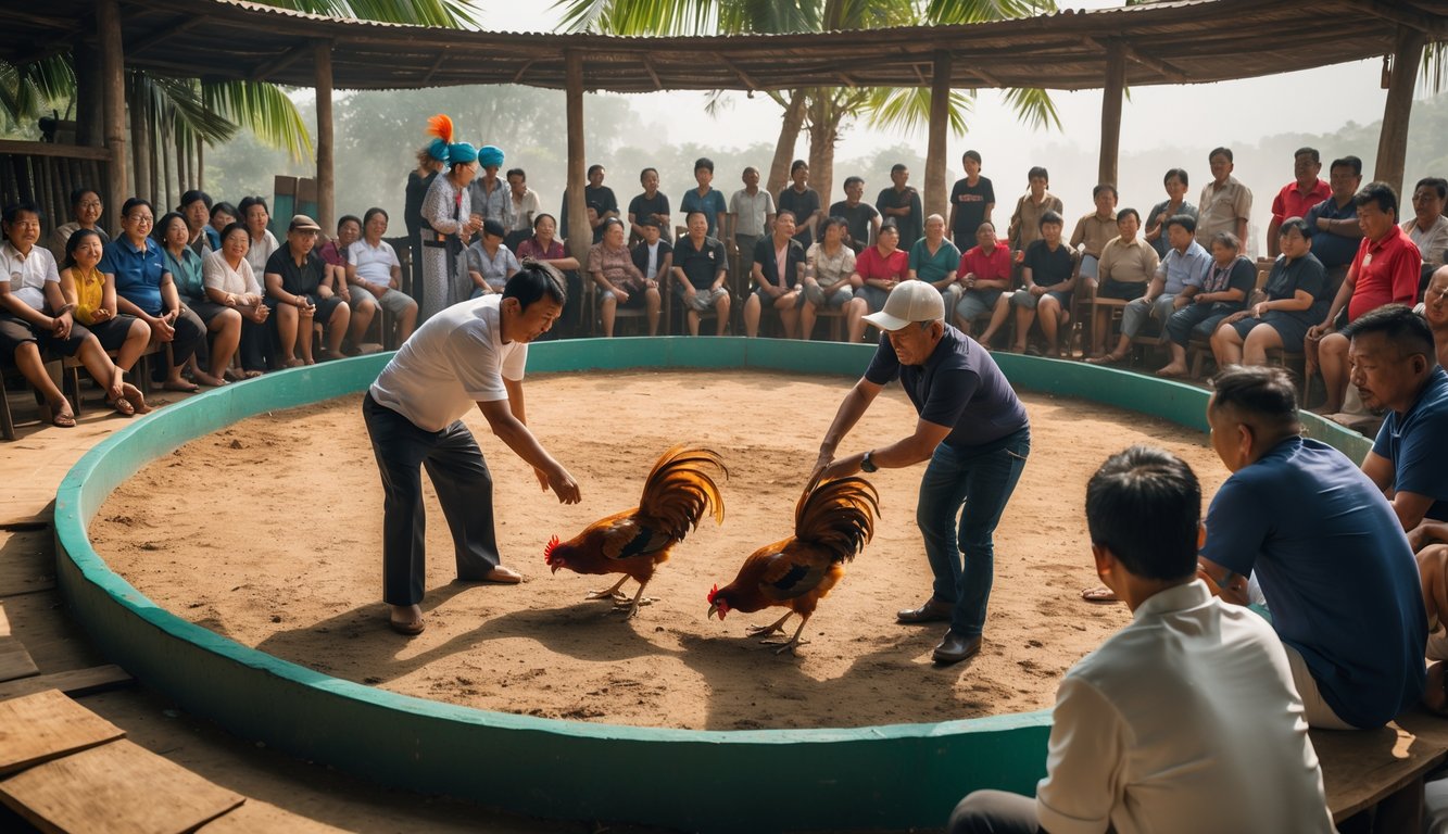 Suasana arena sabung ayam tradisional dengan penonton yang antusias dan dua ayam jago yang sedang dipersiapkan untuk bertarung.