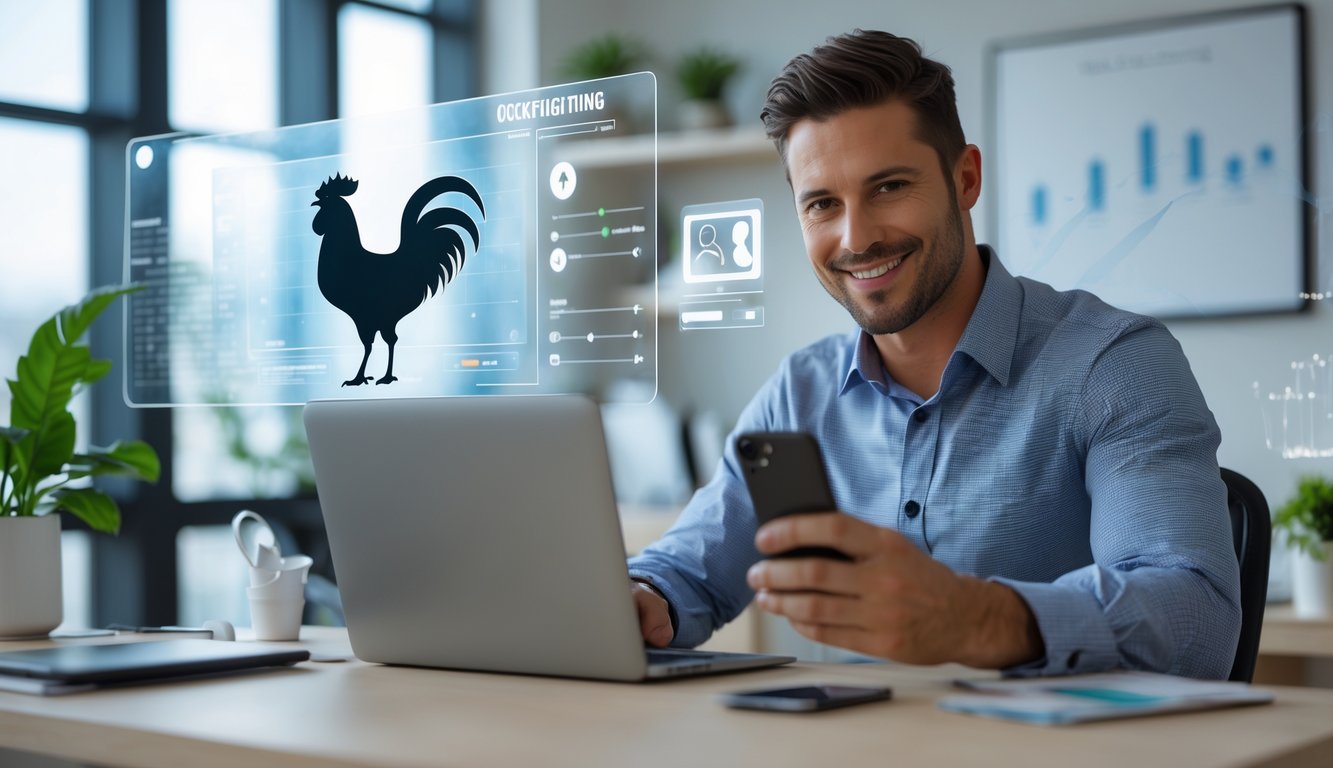 Seorang pria sedang menggunakan laptop dan ponsel di meja kerja dengan latar belakang elemen digital terkait sabung ayam online.