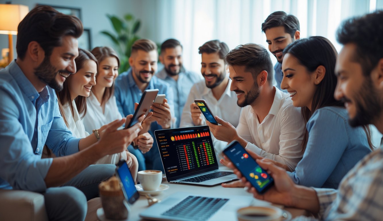 Beberapa orang menggunakan ponsel dan laptop di ruang tamu modern untuk melakukan taruhan sabung ayam secara online.