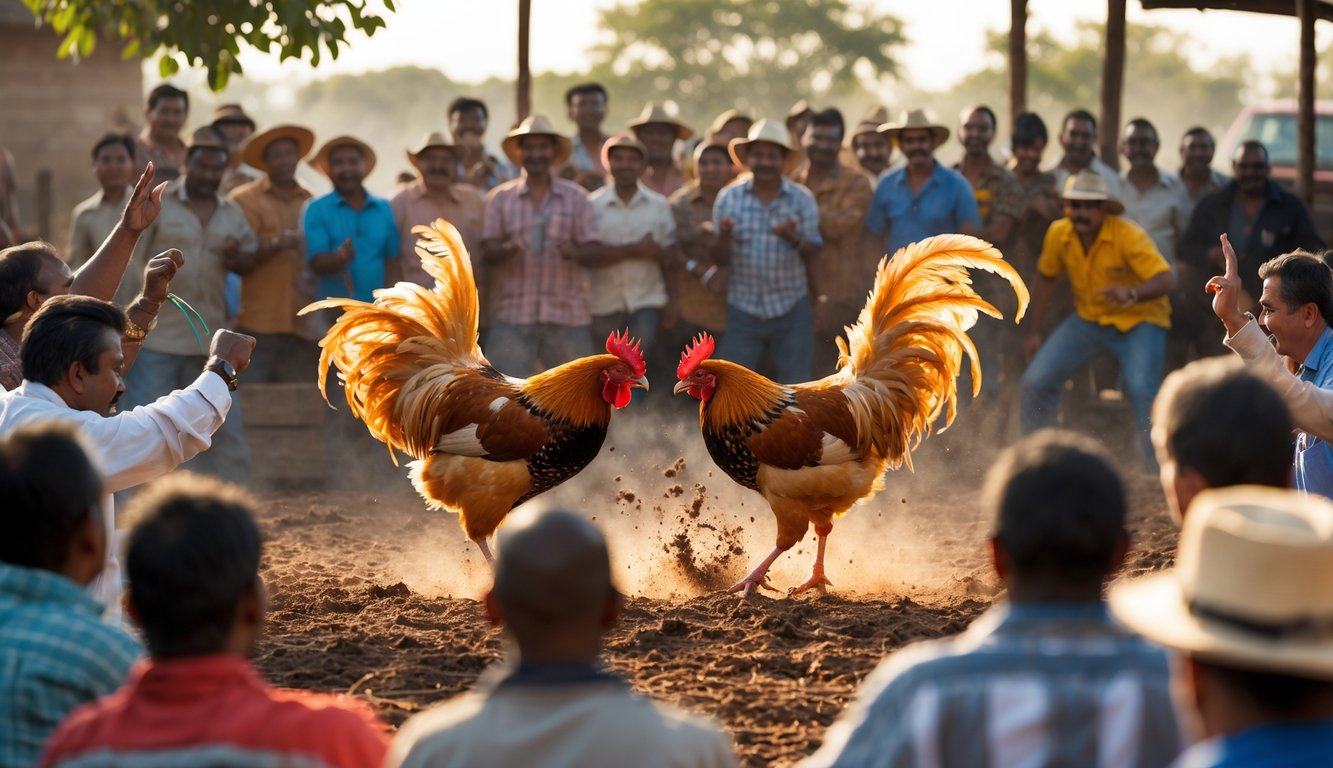 Kerumunan orang menonton dua ayam jago bertarung di luar ruangan.