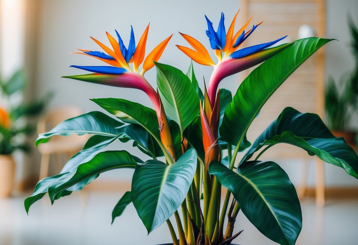 A bird of paradise plant with large green leaves and bright orange and blue flowers.