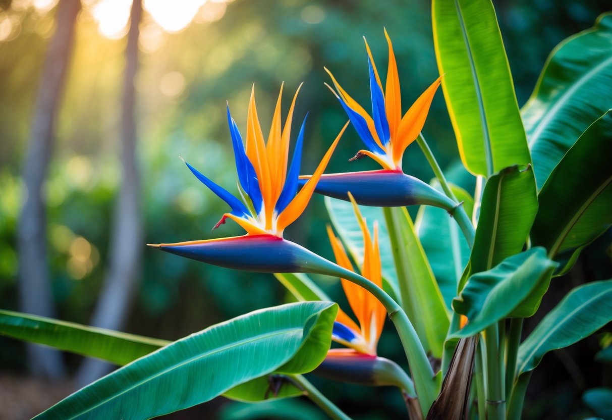 Close-up of a Bird of Paradise plant with bright orange and blue flowers and large green leaves.