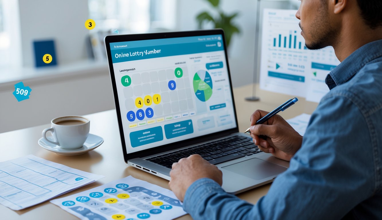 Seseorang duduk di meja dengan laptop dan catatan, fokus merencanakan strategi bermain togel online.