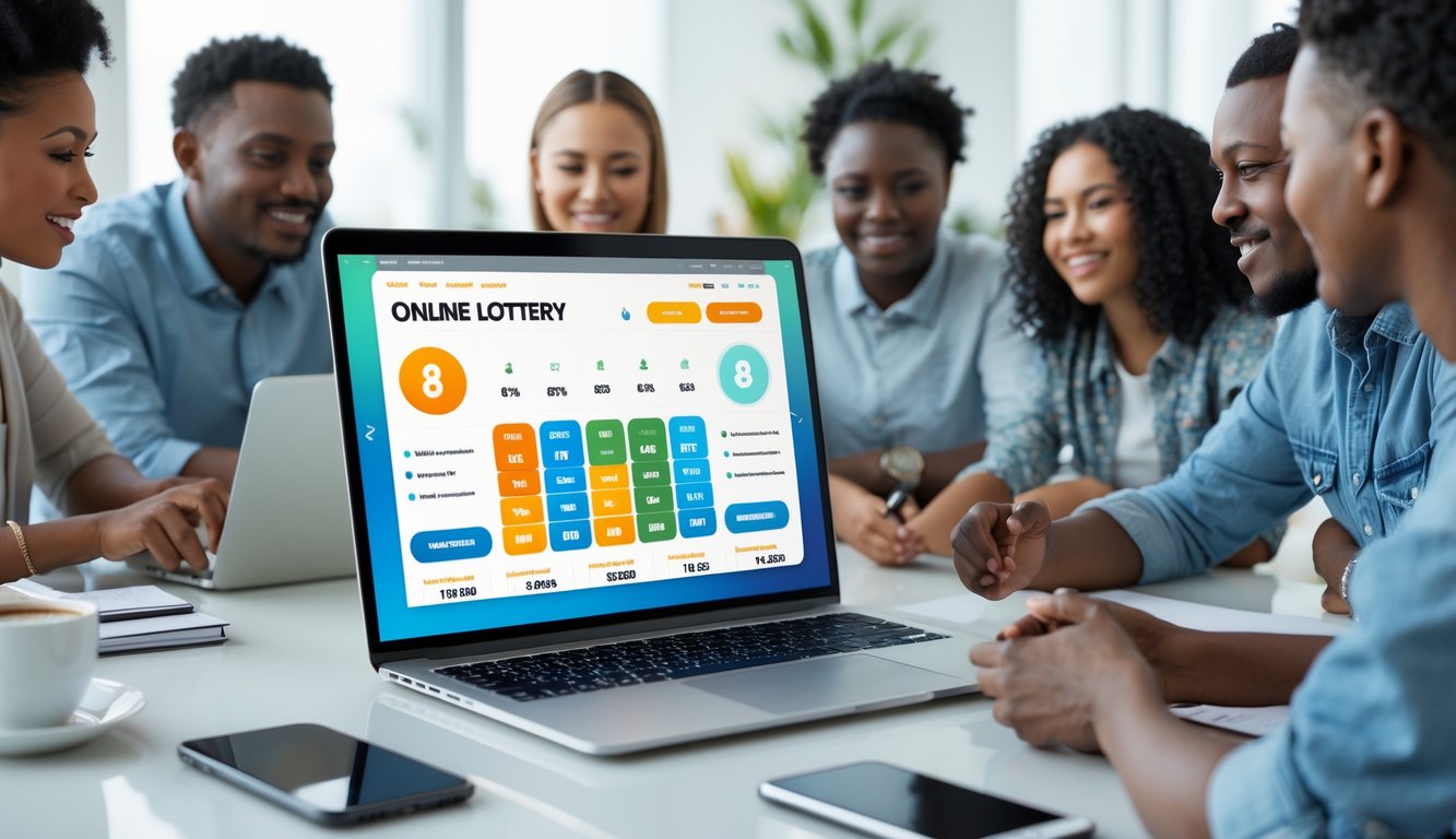 Sebuah ruang kerja modern dengan laptop yang menampilkan situs togel online, dikelilingi oleh beberapa orang yang fokus dan bekerja sama.