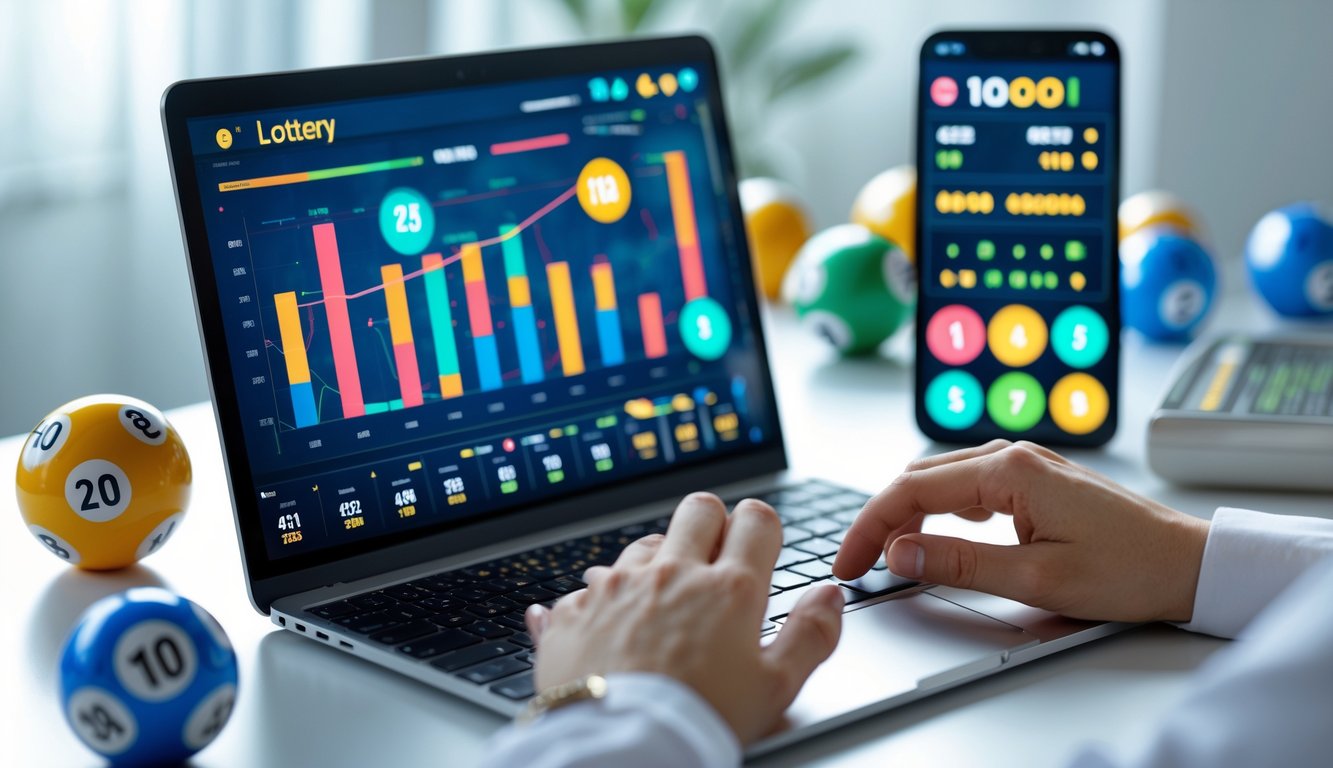Orang menggunakan laptop dan ponsel di meja kerja dengan tampilan angka dan grafik terkait togel online.