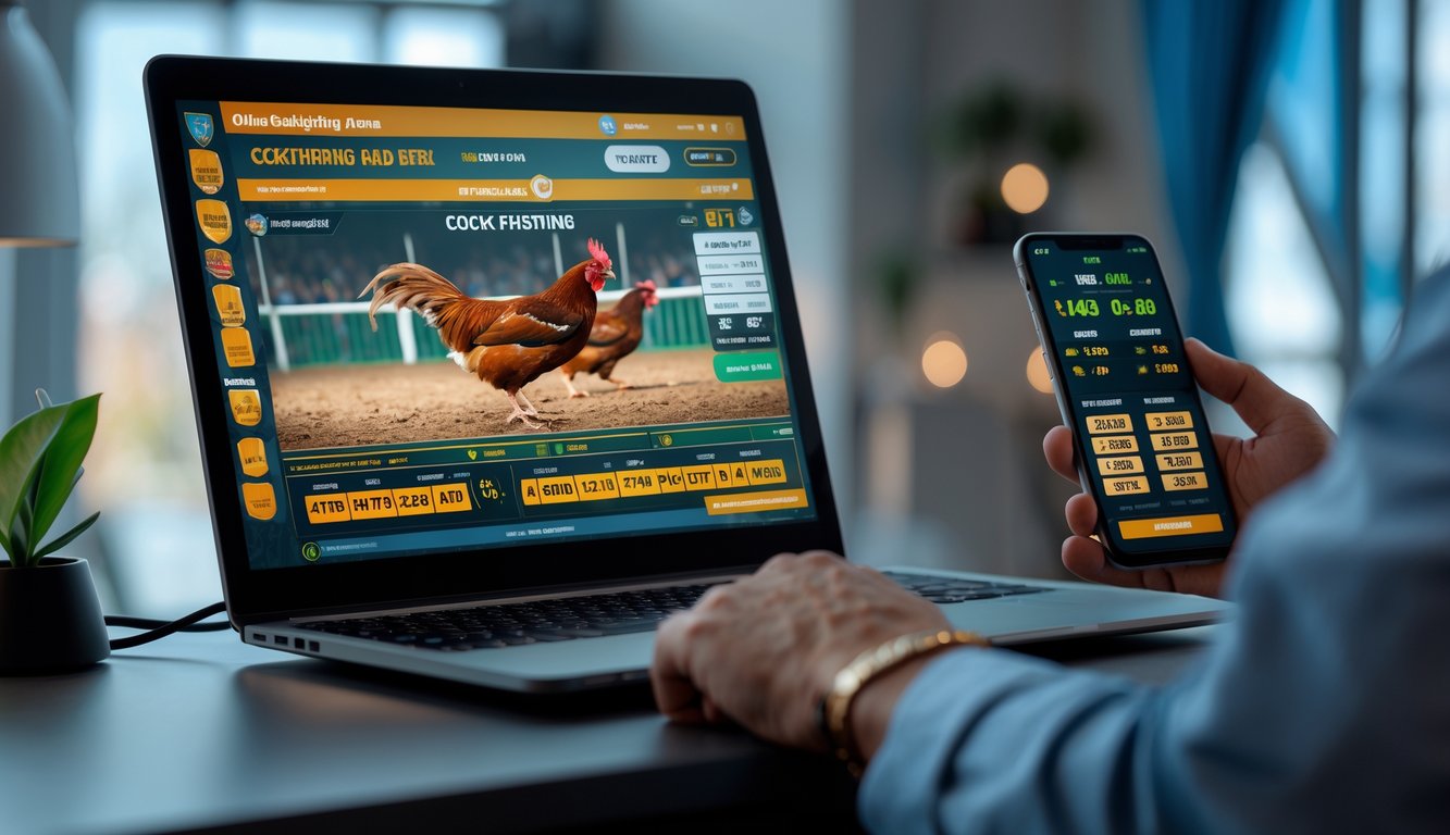 Seseorang menggunakan komputer dan ponsel untuk menonton dan bertaruh pada pertandingan sabung ayam secara online.