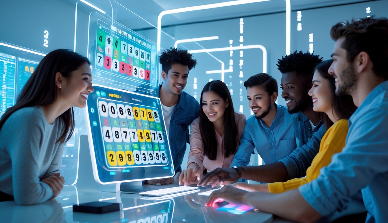 Sekelompok orang muda sedang bermain togel online di depan layar komputer dengan angka dan grafik digital di ruangan modern.