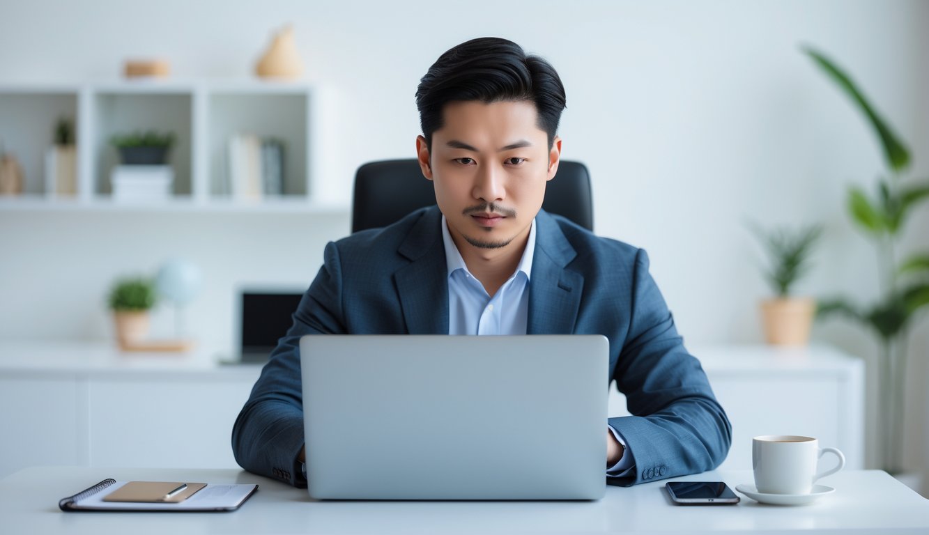 Seorang pria Asia Tenggara duduk di meja kantor modern menggunakan laptop dengan ekspresi fokus.