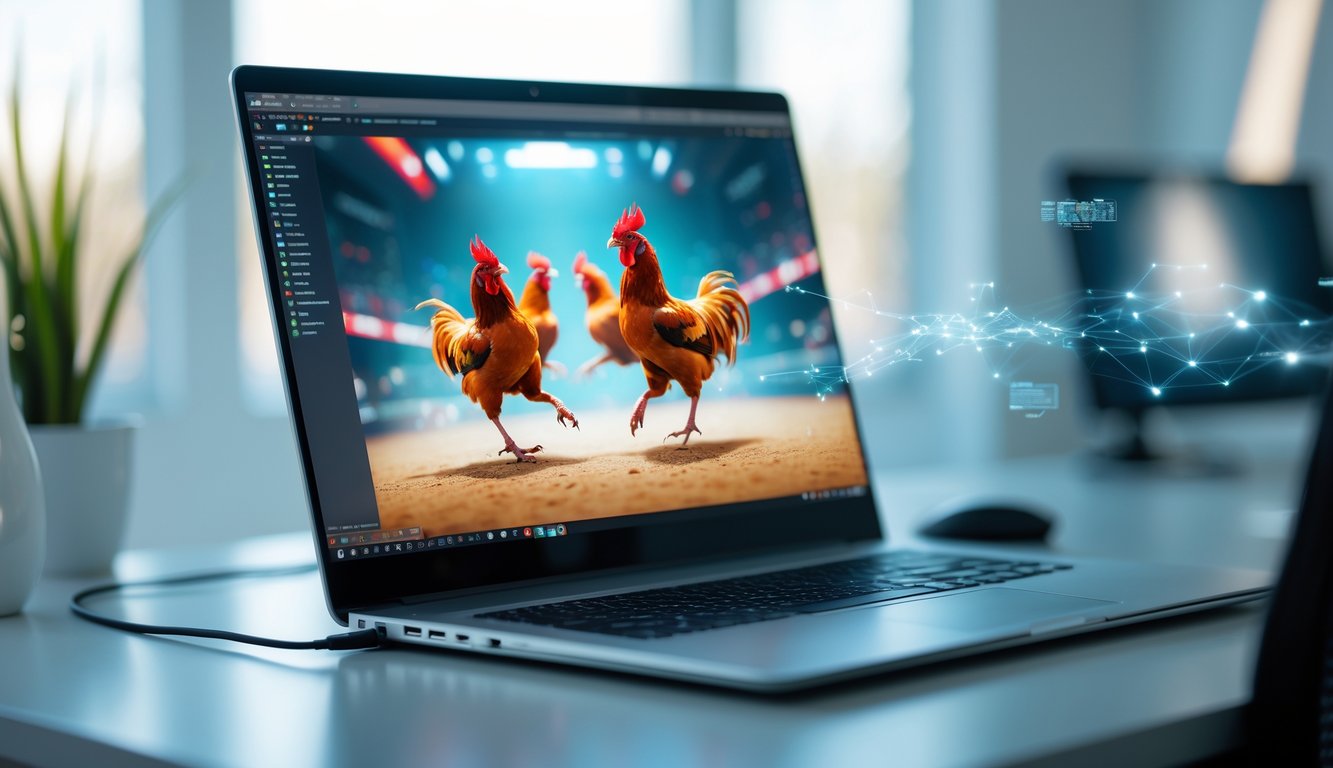 Seseorang menggunakan komputer yang menampilkan pertarungan sabung ayam virtual di layar.