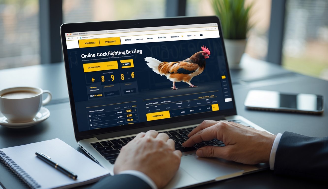 Seorang pengguna sedang menggunakan laptop untuk taruhan sabung ayam online di meja kerja dengan kopi dan ponsel di sampingnya.