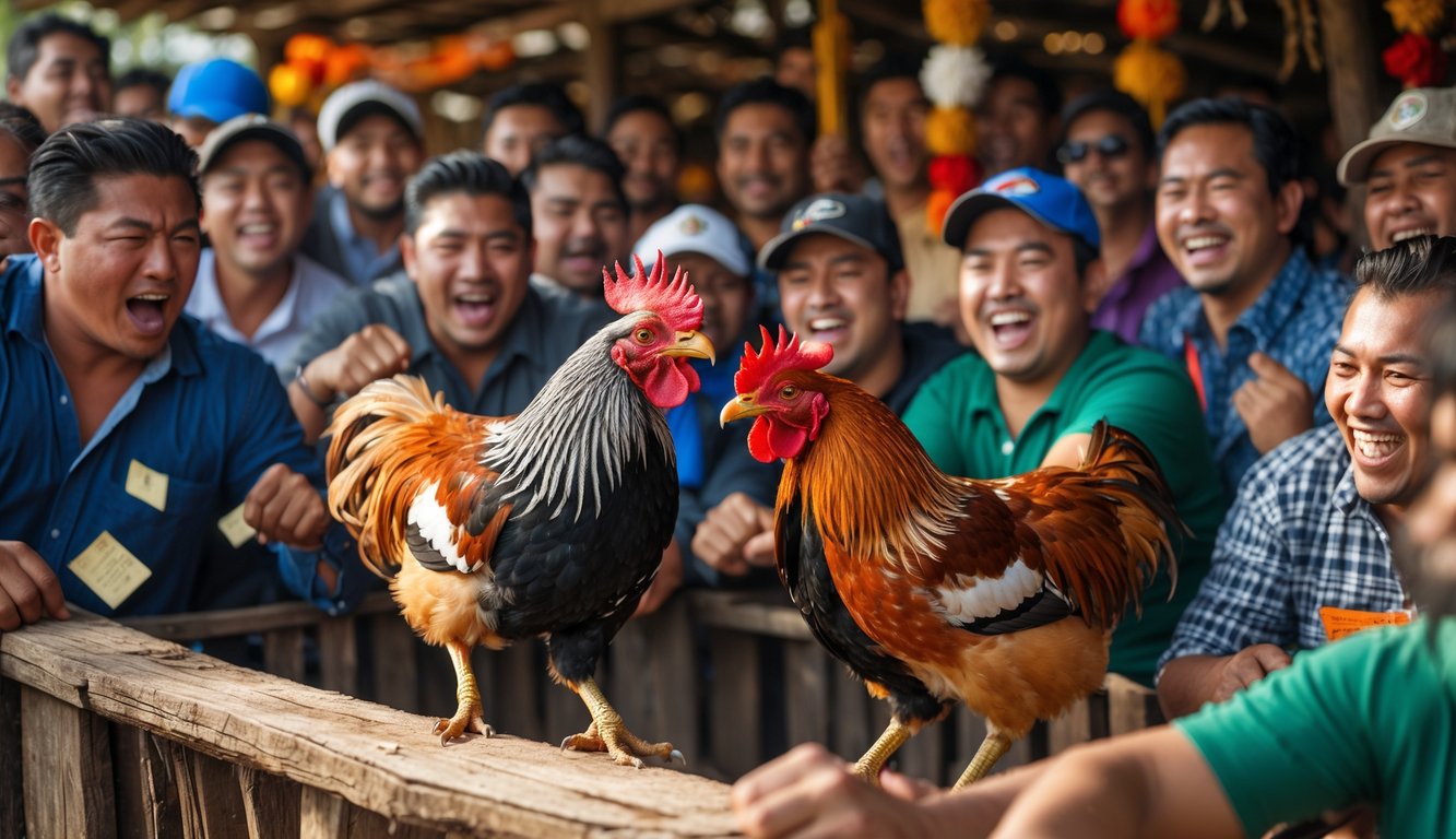 Sekelompok orang menonton pertandingan sabung ayam di arena kayu di luar ruangan dengan suasana penuh semangat.