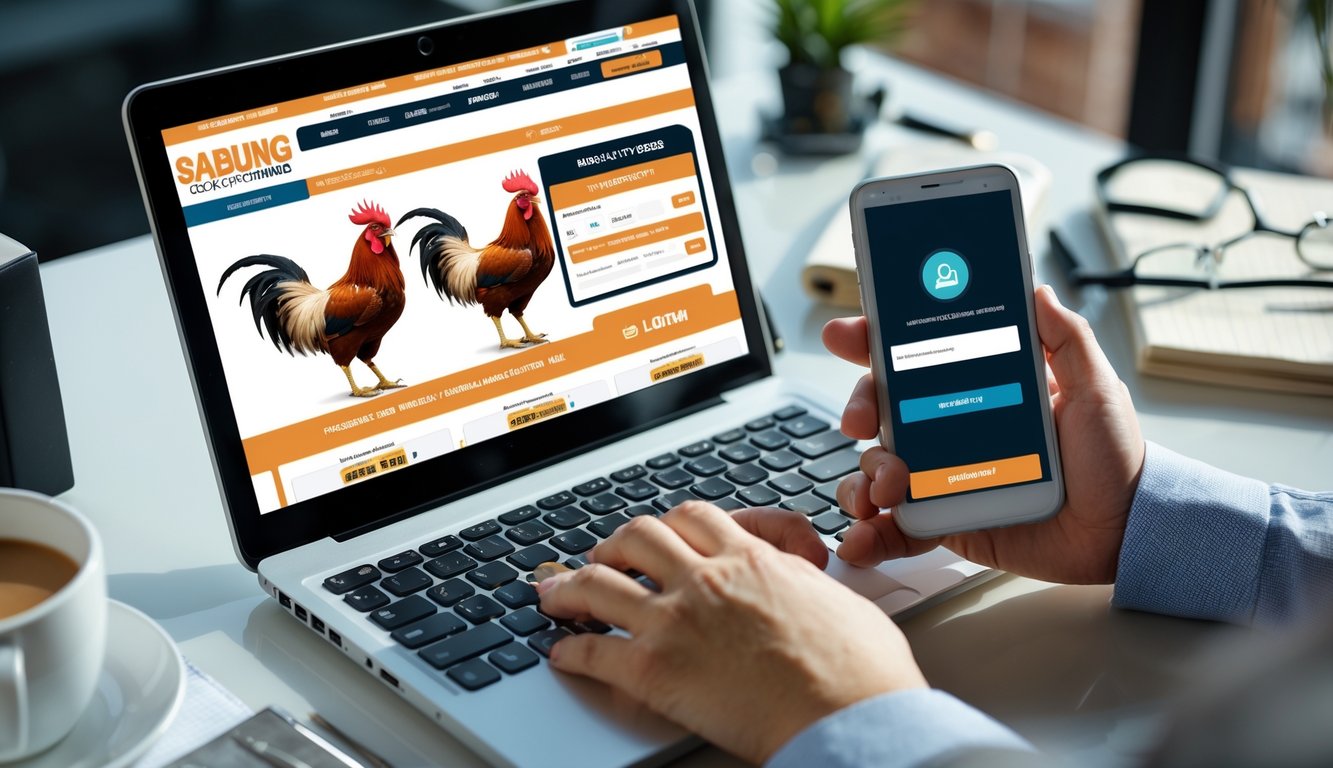 Seseorang menggunakan laptop dan ponsel untuk bertaruh sabung ayam online di meja kerja yang rapi.