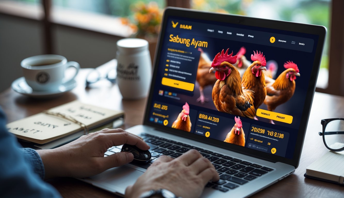 Seseorang menggunakan laptop dan ponsel di meja kerja untuk memasang taruhan sabung ayam online dengan suasana yang rapi dan profesional.