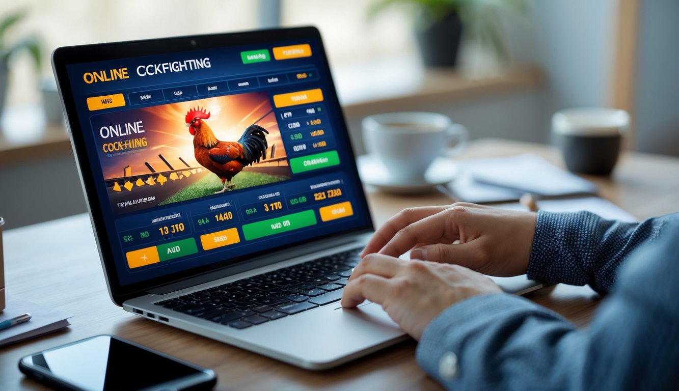 Seseorang menggunakan laptop di meja kerja dengan tampilan situs sabung ayam online yang menampilkan grafik dan peluang taruhan.