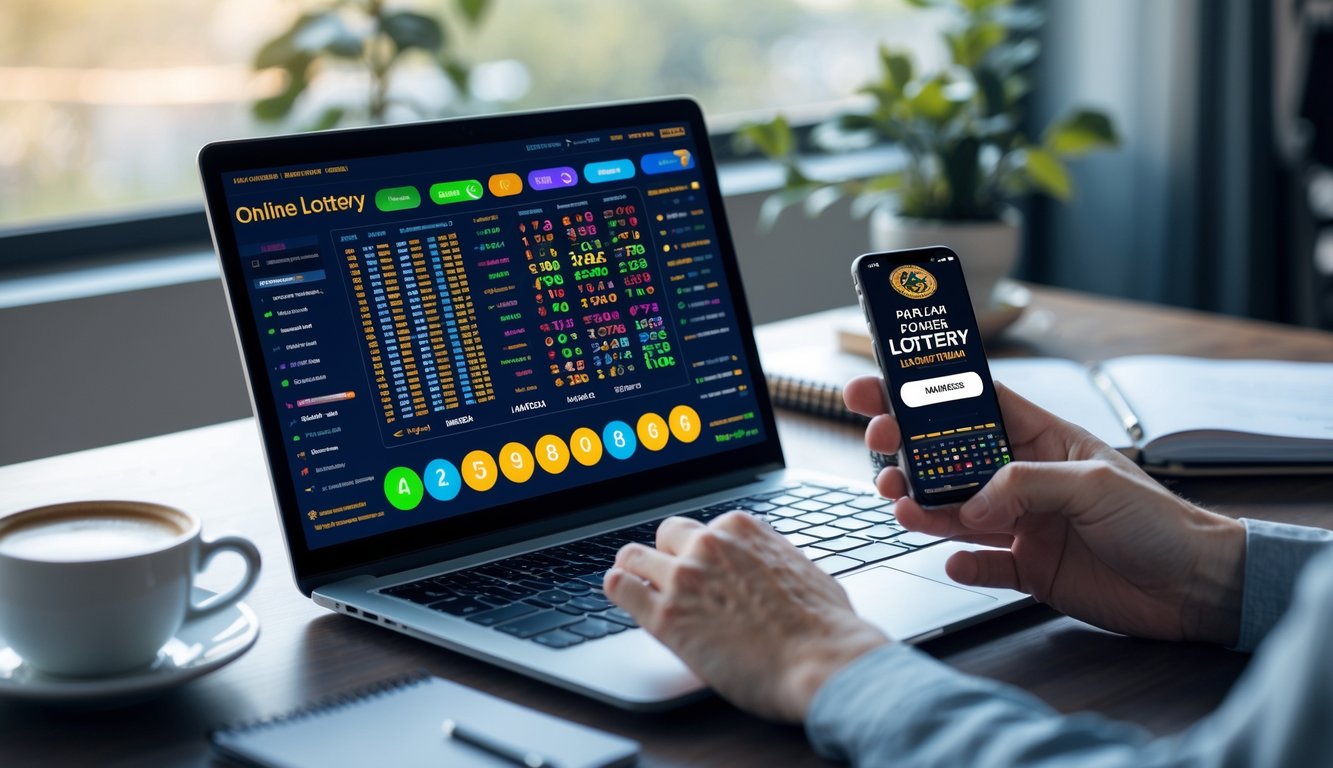 Sebuah meja kerja modern dengan laptop dan ponsel yang menampilkan aplikasi togel online, tangan sedang berinteraksi dengan perangkat, dan suasana yang nyaman dengan cahaya alami.