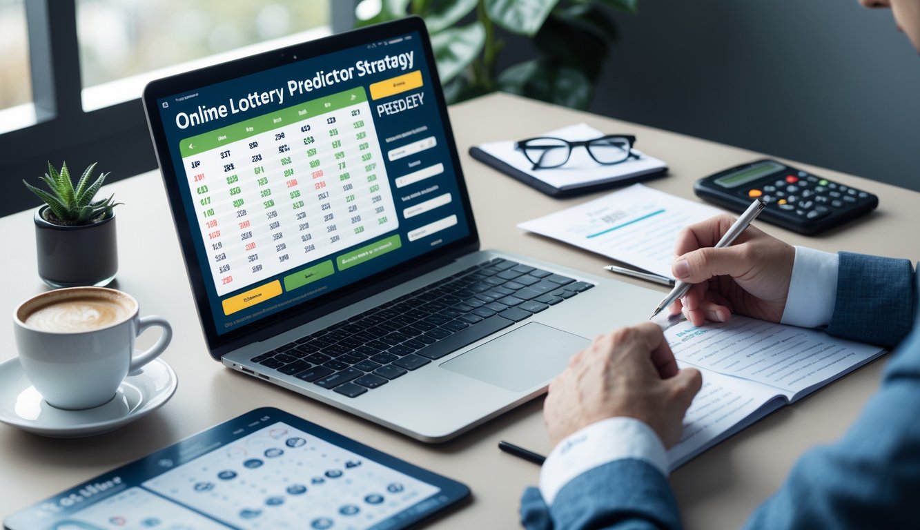 Seseorang duduk di meja kerja dengan laptop, menganalisis data dan angka untuk strategi togel online.