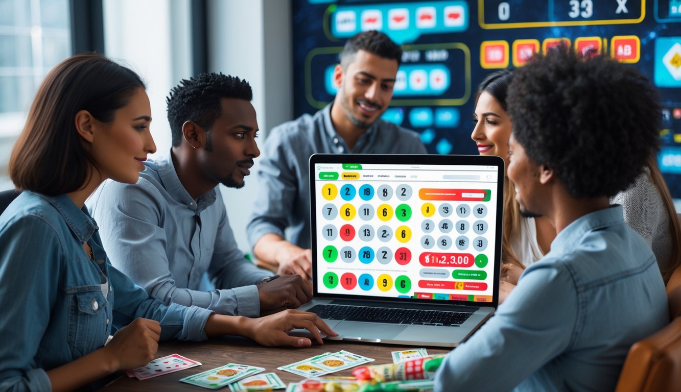 Orang-orang sedang menggunakan laptop dengan tampilan situs togel online di meja kerja modern.